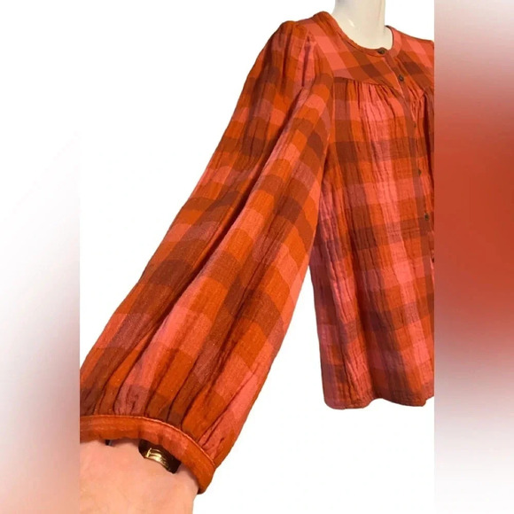 NWT Universal Thread Red Plaid Button Down Gauze Cotton Top - Picture 3 of 10